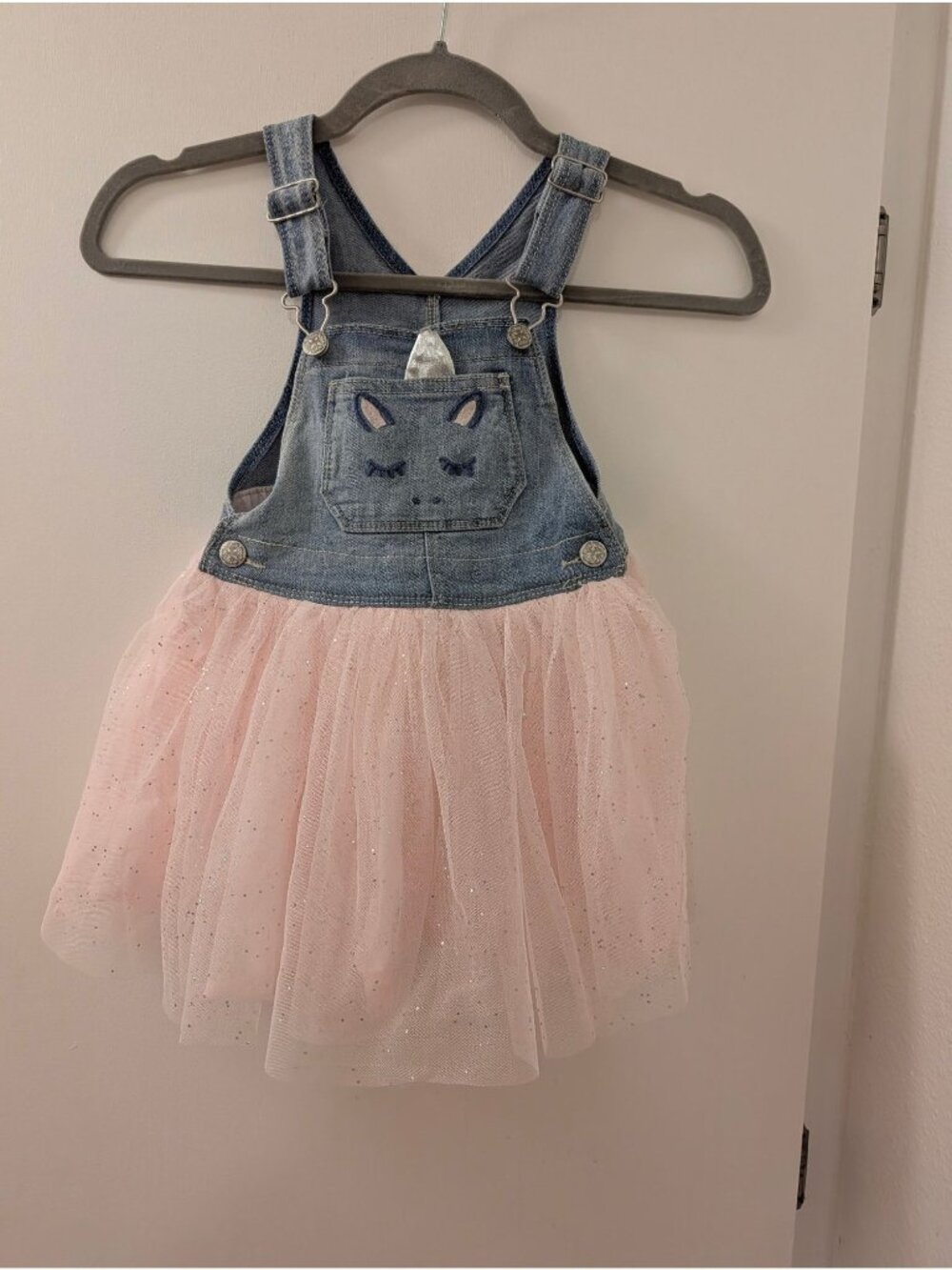 Oshkosh Bgosh Unicorn Denim Overall Dress With Sparkly Pink Tulle Skirt Toddler